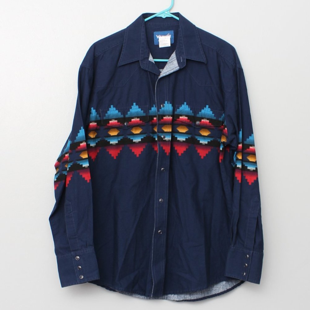 Wrangler Navy Blue Western Button-Down Shirt with Multicolor Aztec Stripe